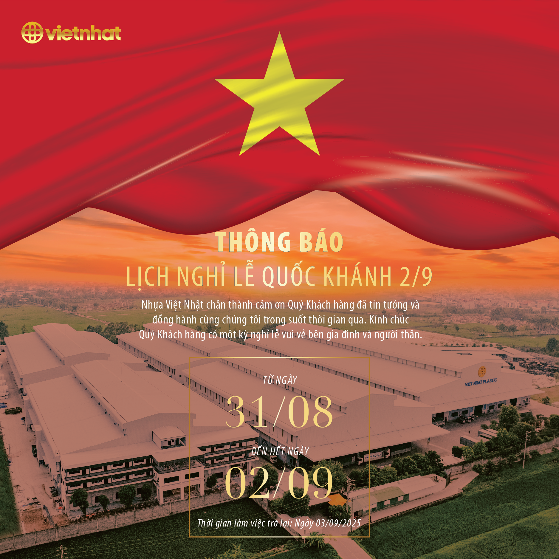 Thông báo lịch nghỉ lễ Quốc Khánh 02/09/2025